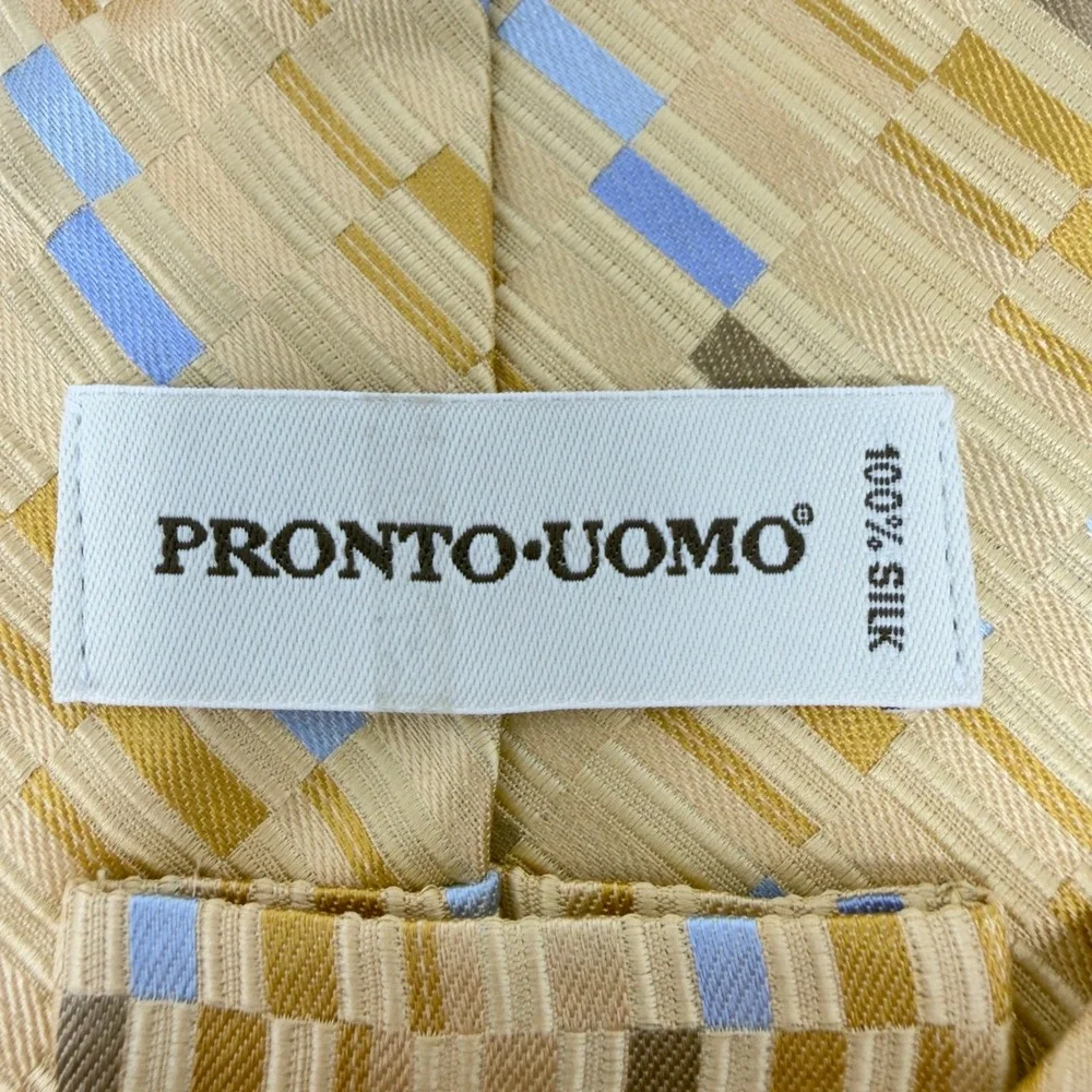 Pronto Uomo Silk Tie Geometric Gold Blue Brown 59.5 Inch‎